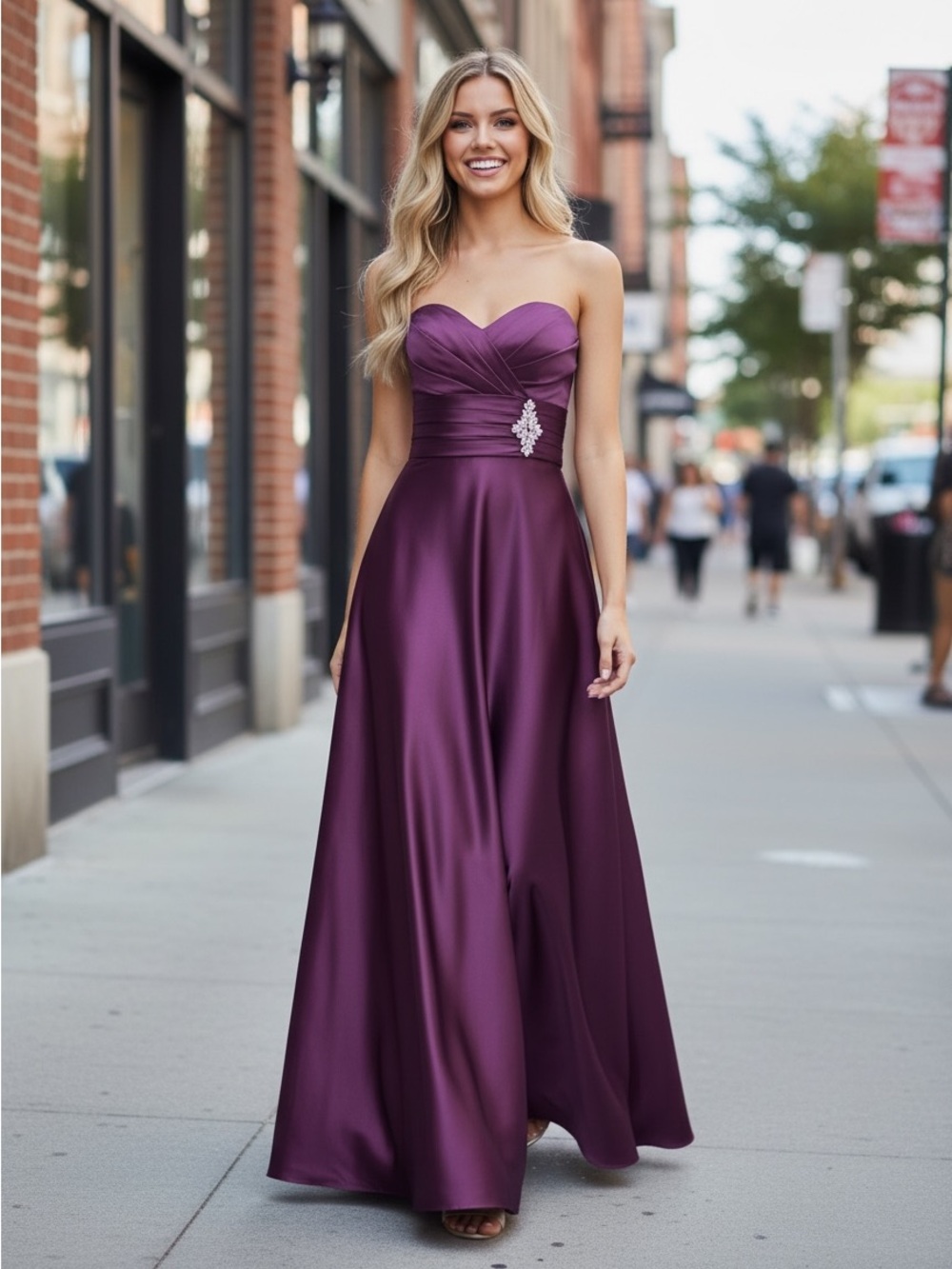 Bill Levkoff Strapless Satin Evening Gown in Deep Purple